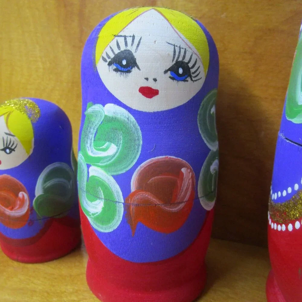 Russian nesting dolls beautiful purple hand painted red gold crown 6 piece - Picture 10 of 11